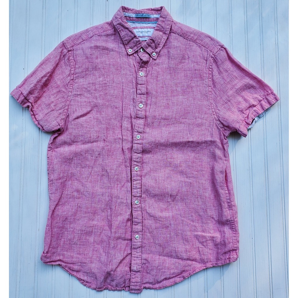 Denim & Flower Ricky Singh Mens Pink 100% Linen Short Sleeve Button Down Shirt M